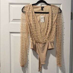 Windsor Nude Bodysuit with Embellished Sheer Sleeves